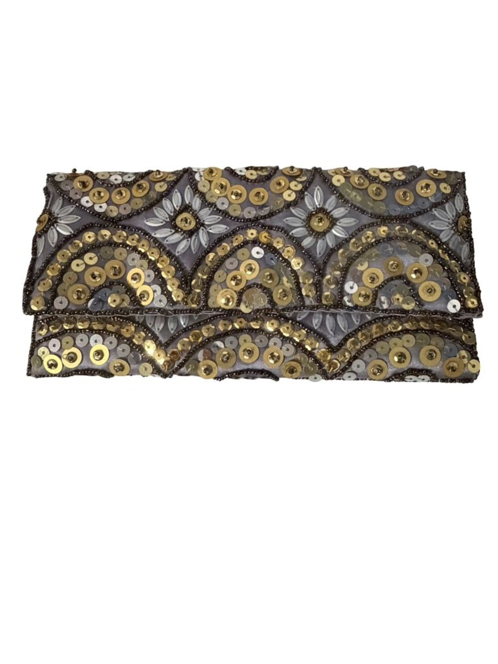 Bijoux Terner Beaded Sequin Evening Clutch Silver Gold Y2K Art Deco Inspired
